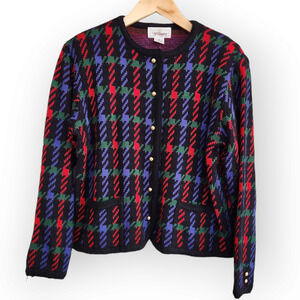 Vintage Worthington Black Red Green Houndstooth Plaid Button Down Cardigan M